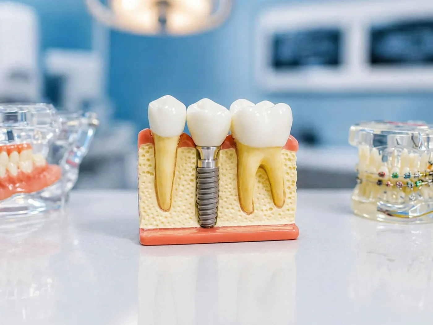 Dental implant model showing implant, abutment and crown between natural teeth